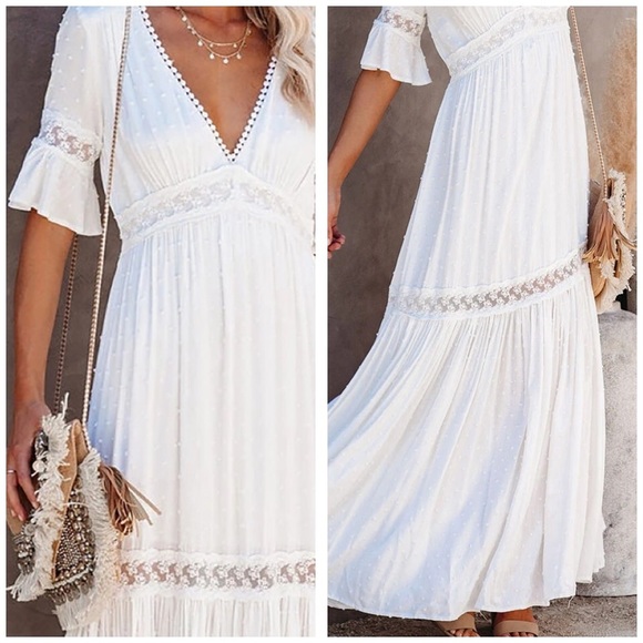Bohemian White Swiss Dot Lace Trim Maxi Dress - Picture 2 of 3